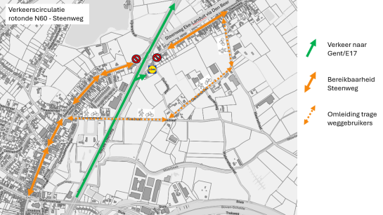 Een plan waarop de verkeerscirculatie tijdens de werken op de N60 is aangeduid