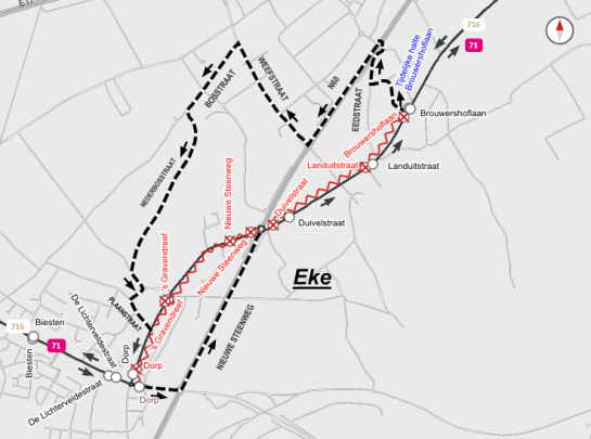 Een plan waarop de omleiding van de bussen van de Lijn op aangeduid zijn
