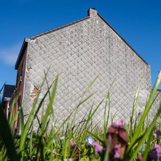 Foto van een zijgevel met asbest